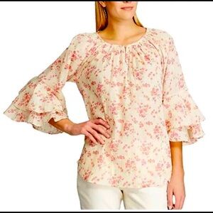 Chaps Floral Blouse with Ruffle Sleeves - Cream and Pink